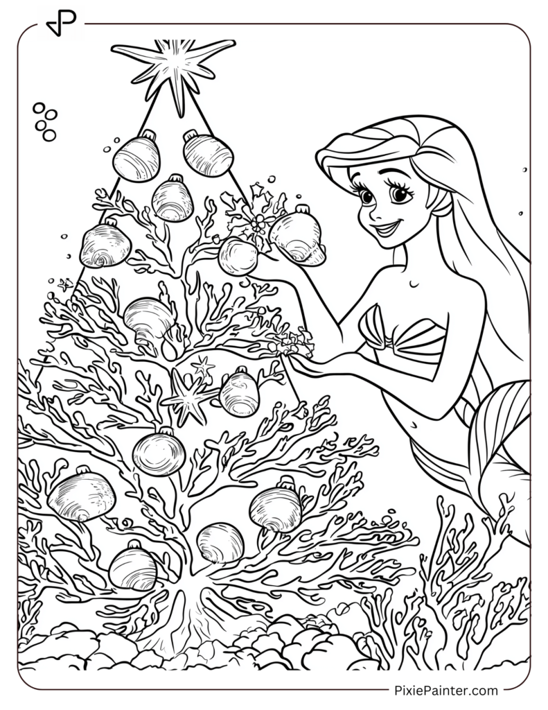 Disney Princess Ariel placing seashell ornaments on a coral Christmas tree underwater