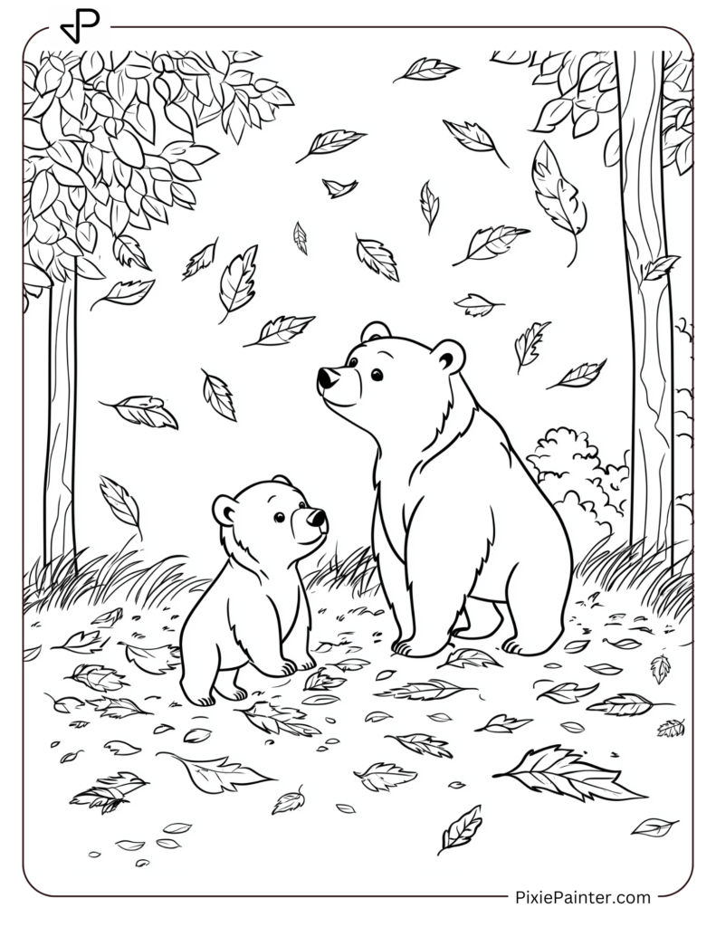 3. Bears Enjoying Autumn Leaves Coloring Pages