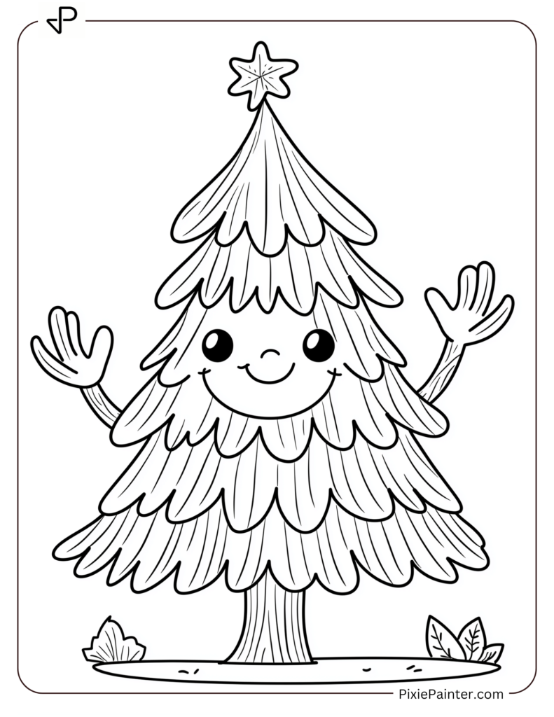 3. Christmas Tree Smiling And Waving Coloring Pages