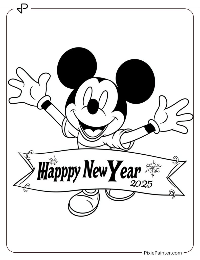 Coloring Page of Mickey Mouse Celebrating Under a _Happy New Year 2025_ Banner