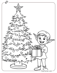 Smiling Elf Next to a small Decorated Christmas Tree coloring page