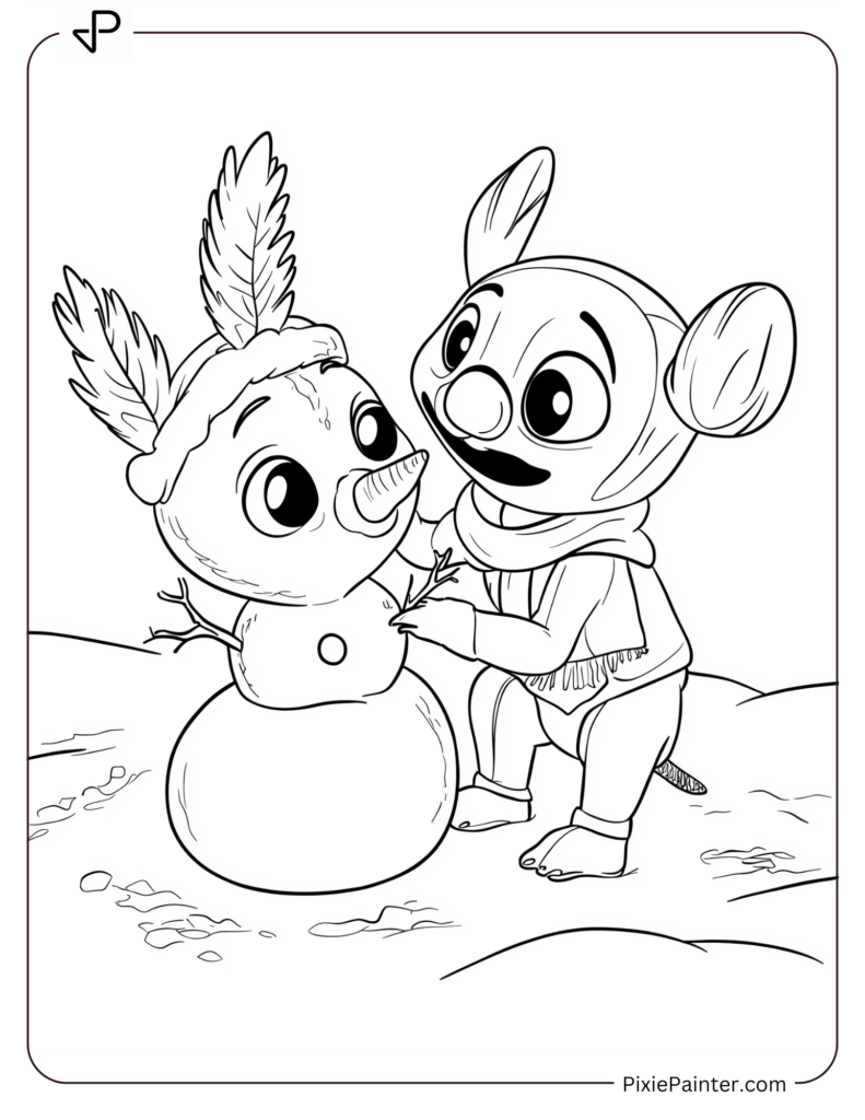 3. Stitch Building A Snowman Coloring Pages