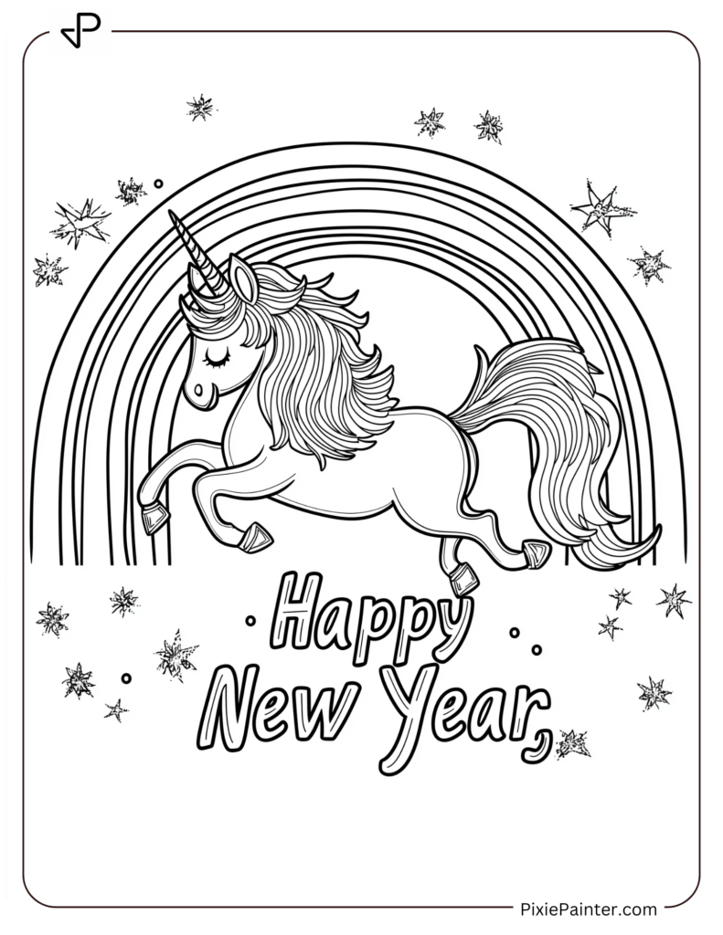 New Year Coloring Pages For Kids Where Unicorn Dancing Under A Rainbow With "Happy New Year."