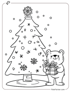 Small Christmas Tree Coloring Page | A Bear Holding a Present Beside a Little Christmas Tree