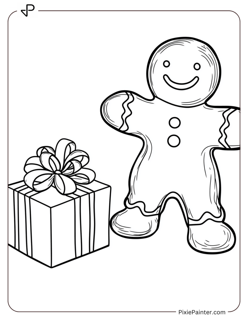 A gingerbread man beside a tiny present