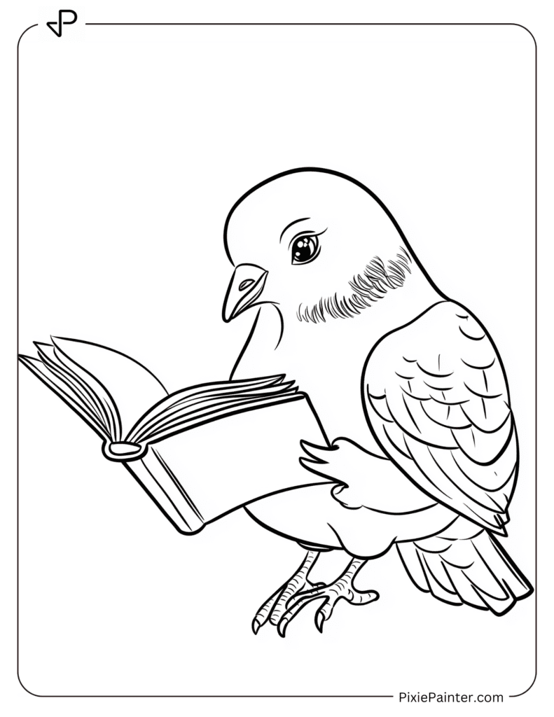 A pigeon reading a tiny book