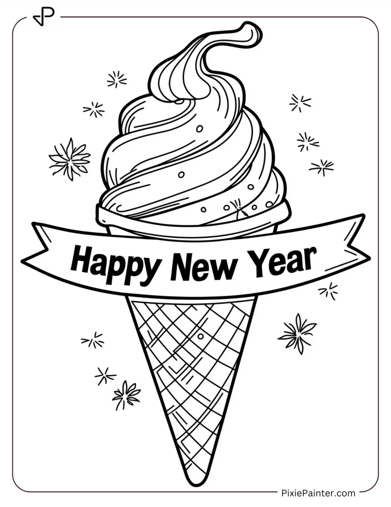 New Year Coloring Pages For Kids - Ice Cream Cone With A "Happy New Year" Banner.