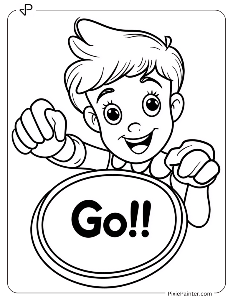 Happy New Year Coloring Page Where Kid Pressing A “Go!” Button