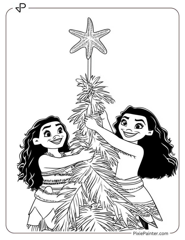 Christmas Coloring Page For Kids - Moana And Pua With Star Topper