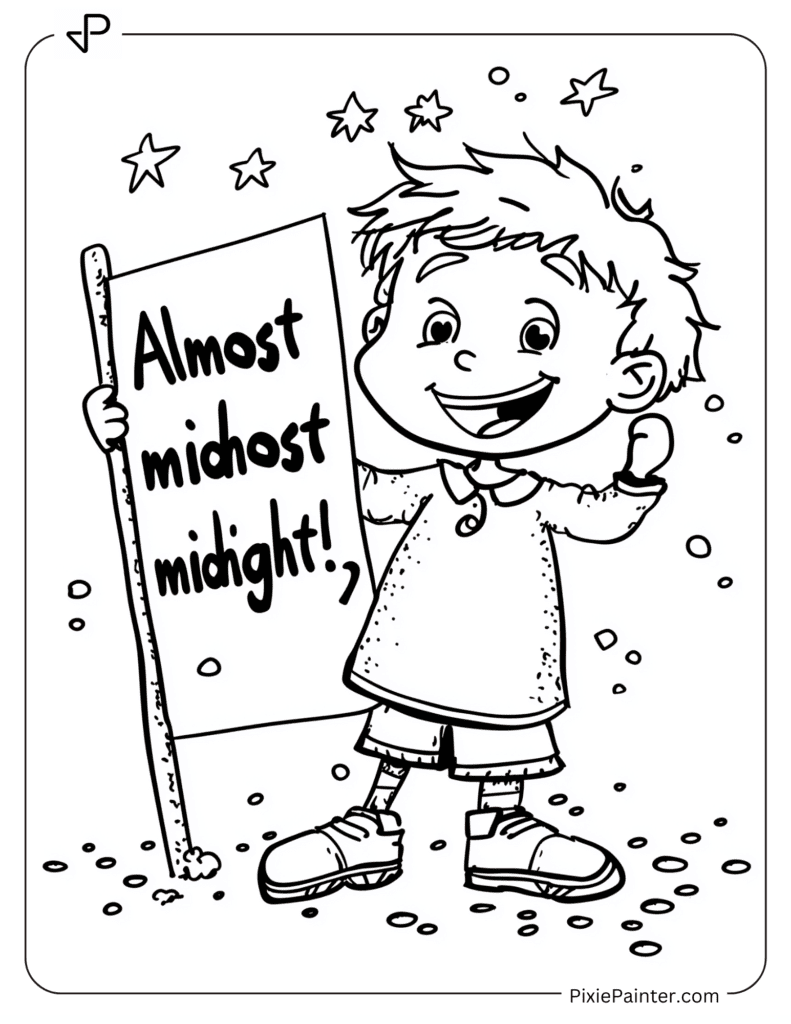 Happy New Year Coloring Page Where Child With “Almost Midnight!” Sign