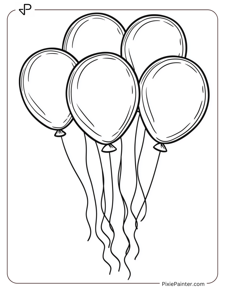 New Year Coloring Pages For Kids - Group Of Balloons With Streamers And "Happy New Year."