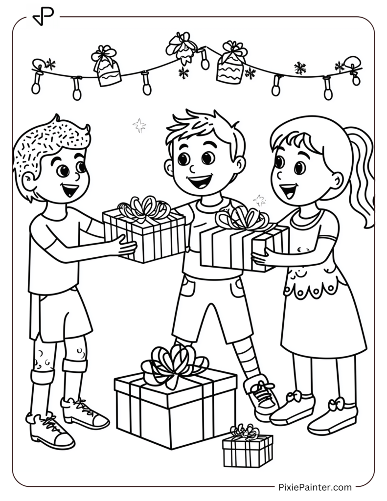 Christmas Coloring Page For Kids - Kids Exchanging Gifts