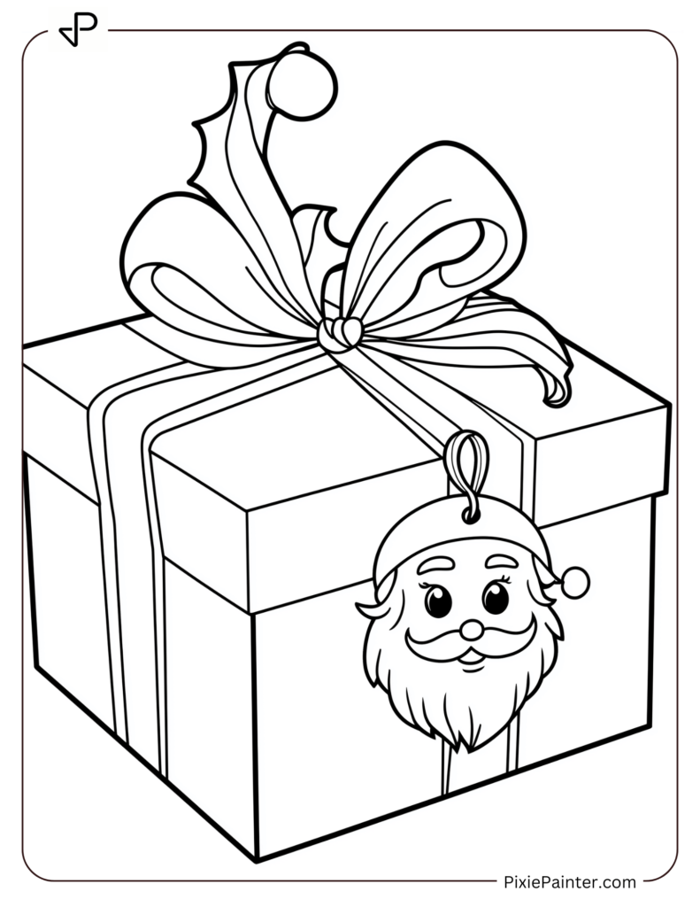 A gift box tagged with Santa's face