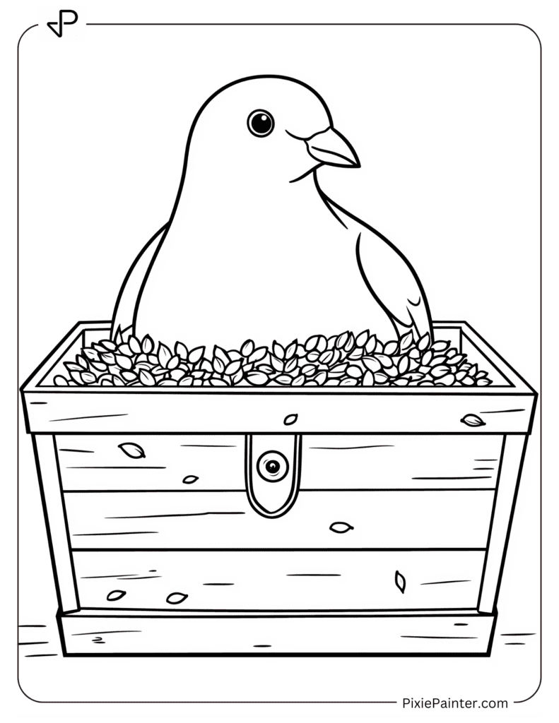 A pigeon peeking out of a treasure chest filled with seeds