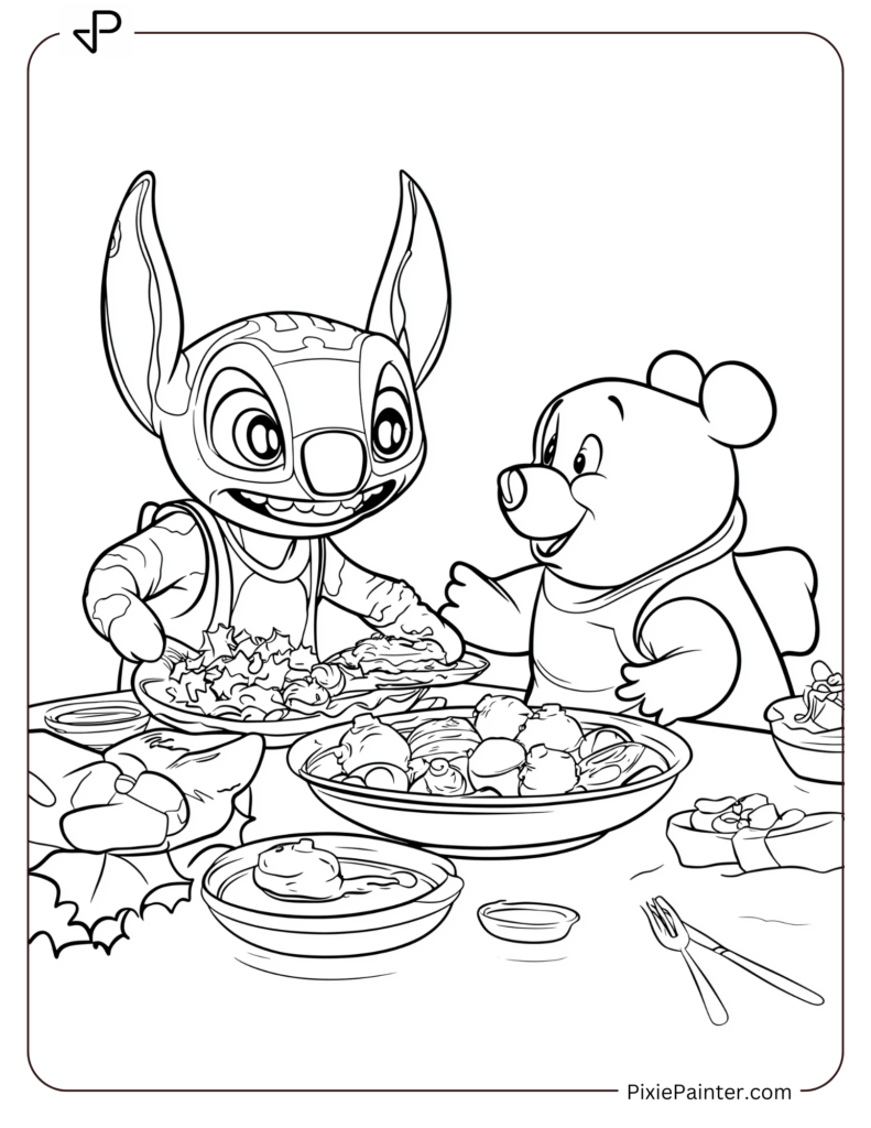 32. Baby Stitch Enjoying Meal with Pooh