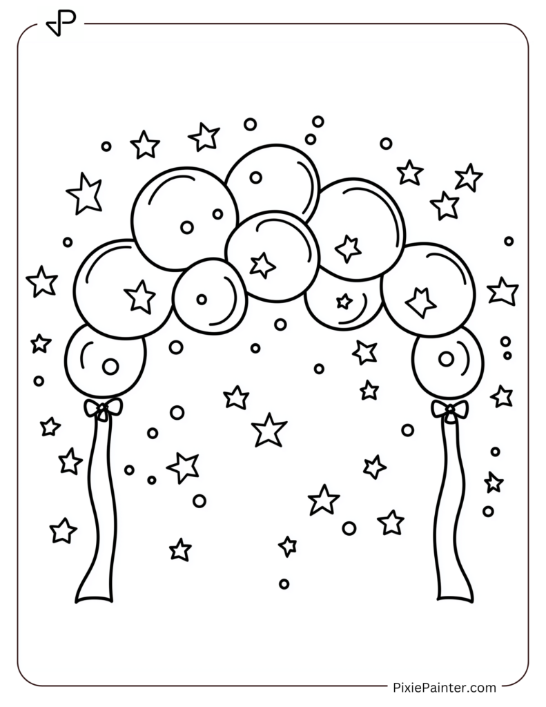 New Year Coloring Pages For Kids - Giant Balloon Arch With Stars And Confetti Around It.