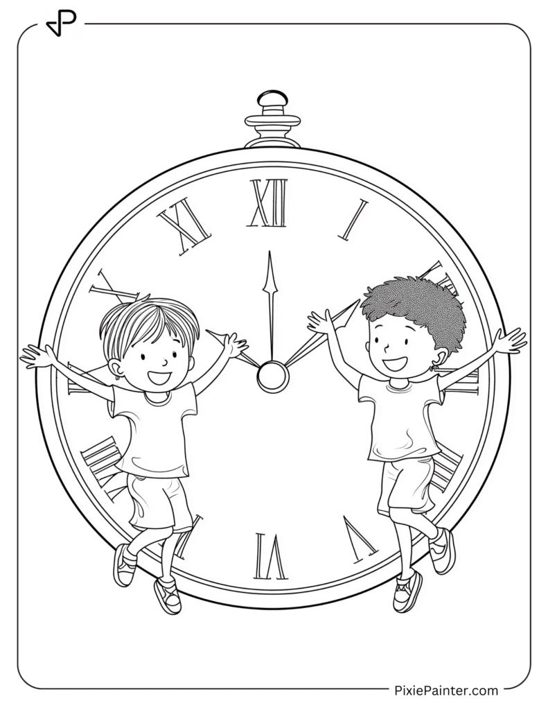 Happy New Year Coloring Page Where Kids Jumping At Midnight