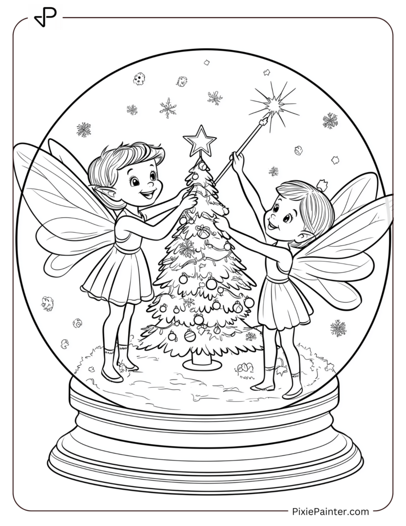 Christmas Coloring Page For Kids - Fairies Decorating Miniature Tree