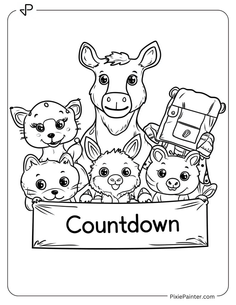 Happy New Year Coloring Page Where Animals Holding A “Countdown” Banner