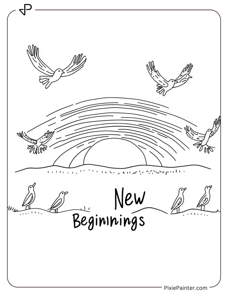 New Year Coloring Pages For Kids - Sunrise Scene With Birds And "Happy New Year Beginnings."