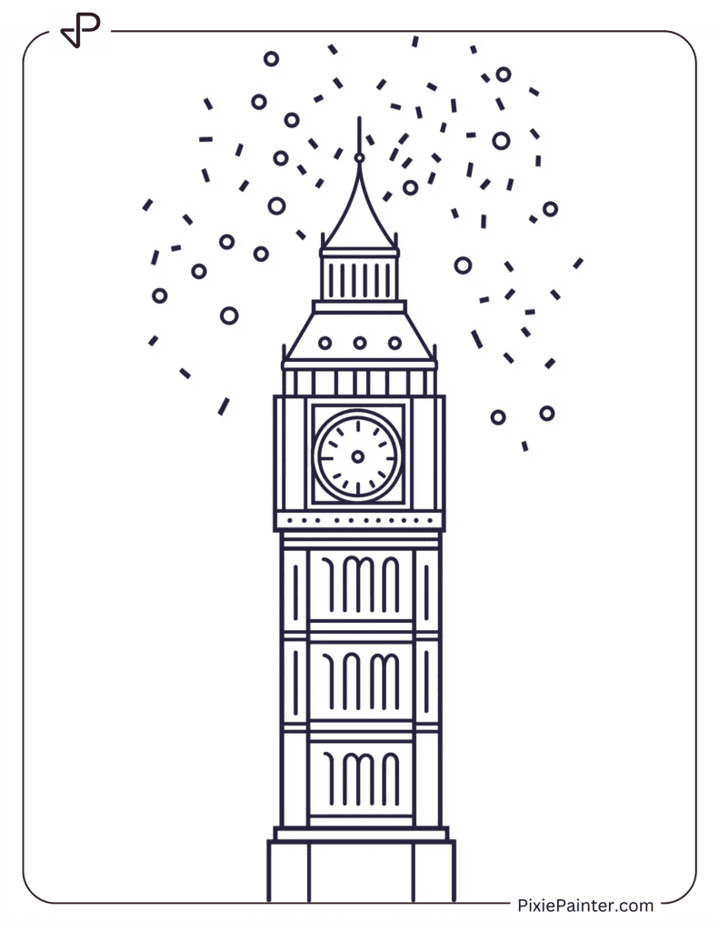 Happy New Year Coloring Page Where Big Ben With Confetti Above