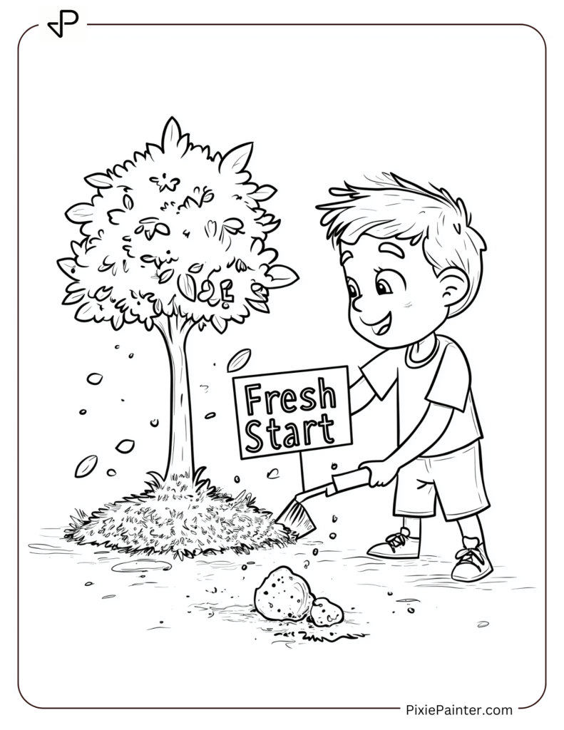 New Year Coloring Pages Where Kid Planting A Tree With A "Fresh Start" New Year Sign.