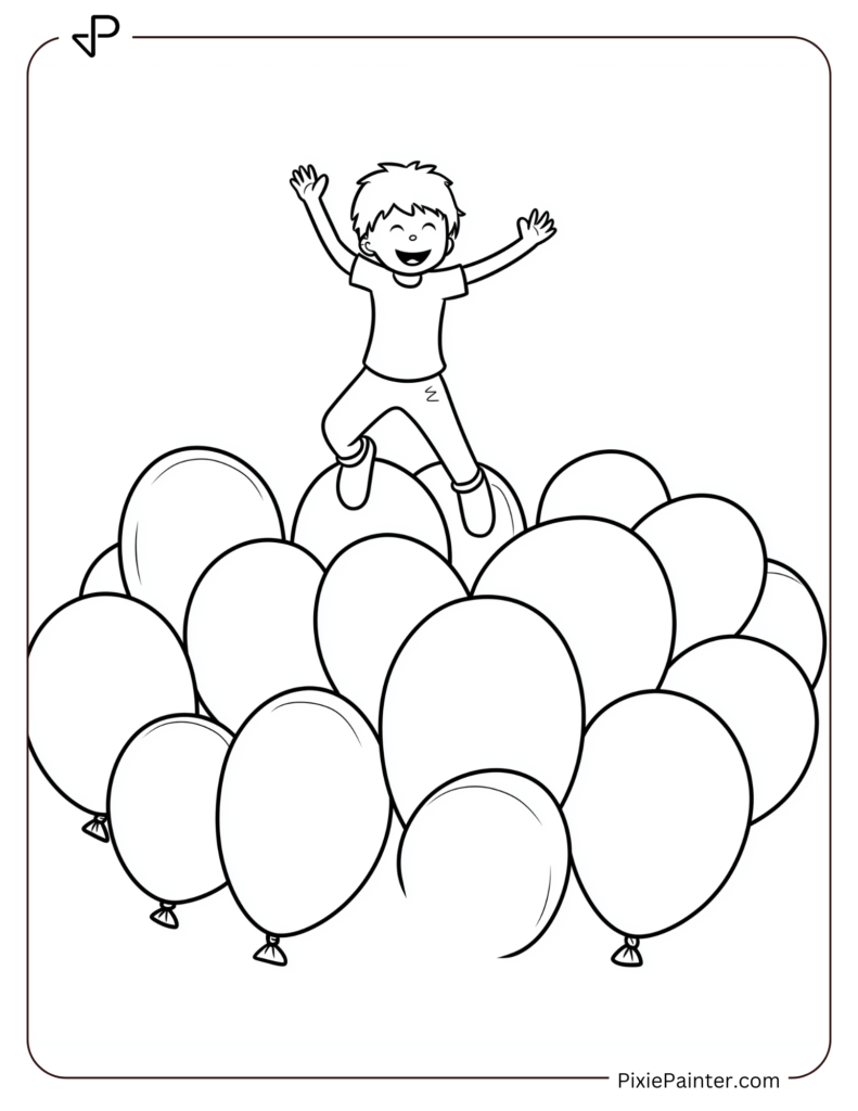 New Year Coloring Pages Where Child Jumping In A Pile Of "Happy New Year" Balloons.