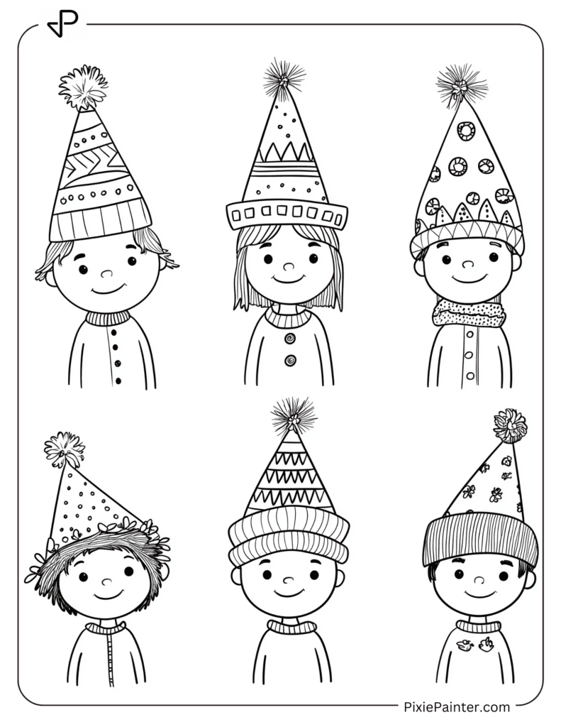 Happy New Year Coloring Page Where Kids In Traditional Hats Celebrating