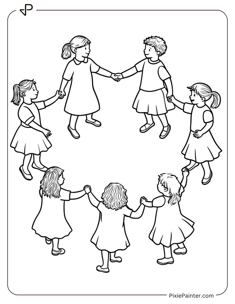 New Year Coloring Pages Where Kids Holding Hands And Dancing In A Circle For New Year.