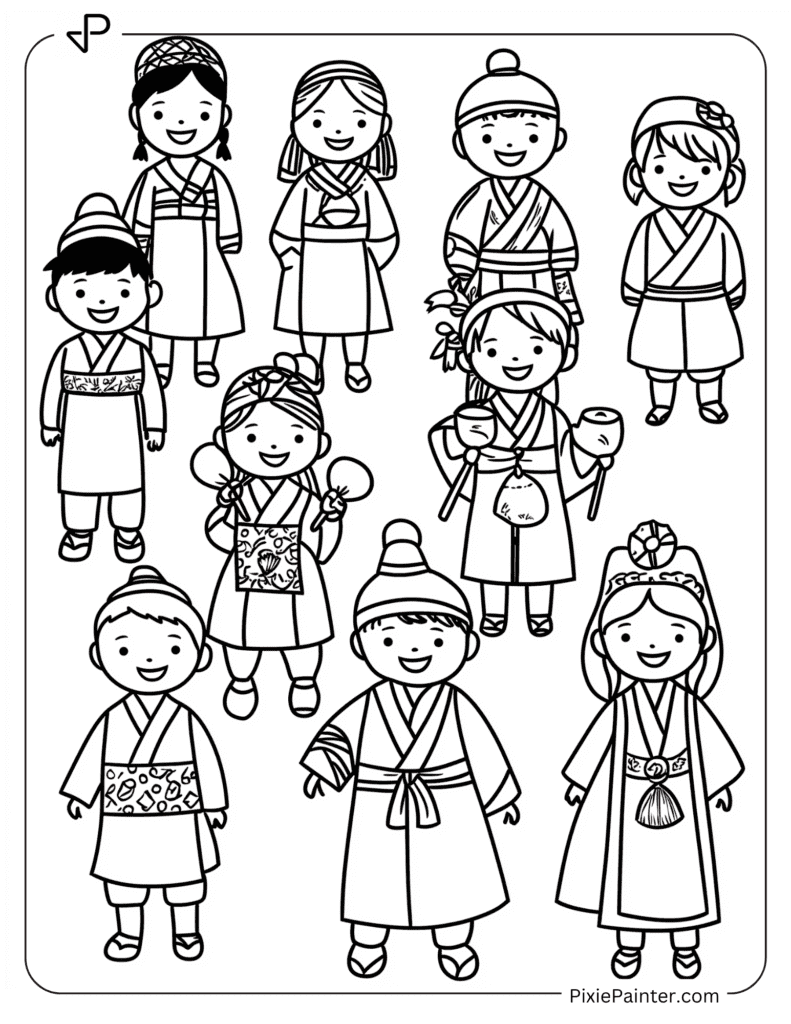 Happy New Year Coloring Page Where Parade With Kids In Traditional Outfits