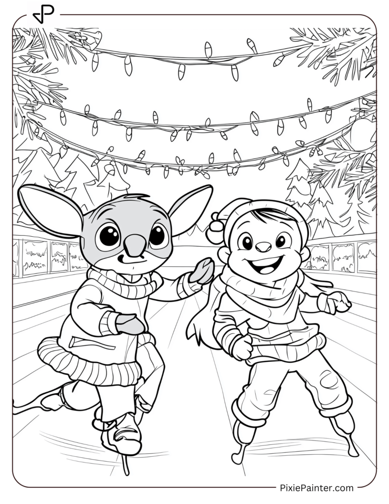 36. Stitch And Lilo Skating Under Festive Lights