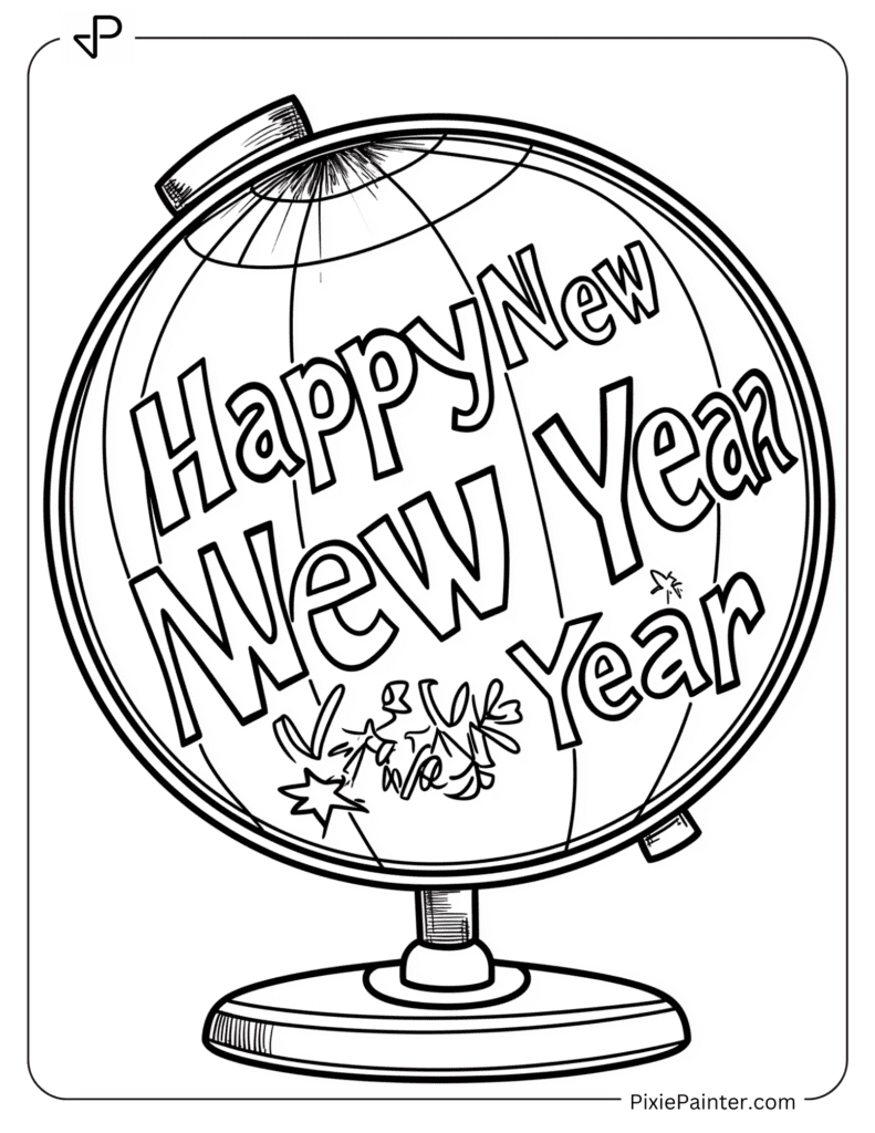 Coloring Page Where Globe With Happy New Year Text