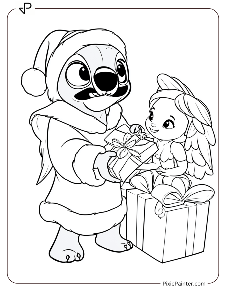 37. Stitch Dressed as Santa Giving Gifts to Angel