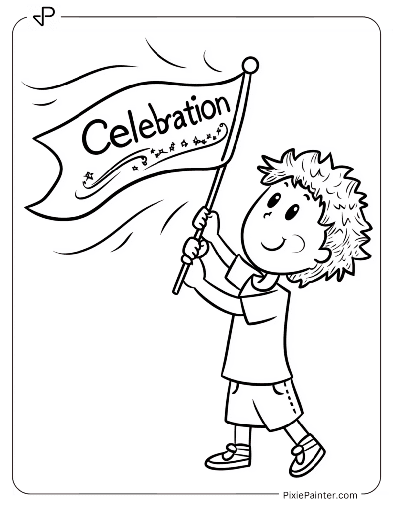 Happy New Year Coloring Page Where Child Waving Flag With _Celebration