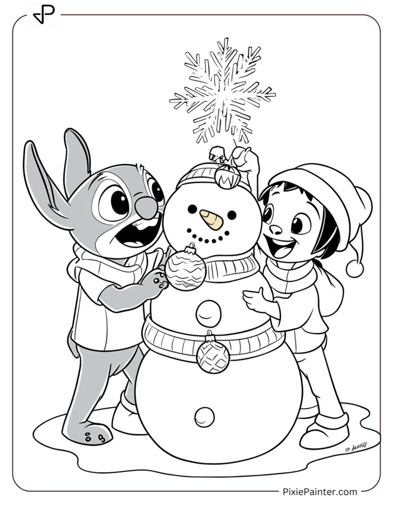 38. Happy Stitch & Lilo Making Snowman