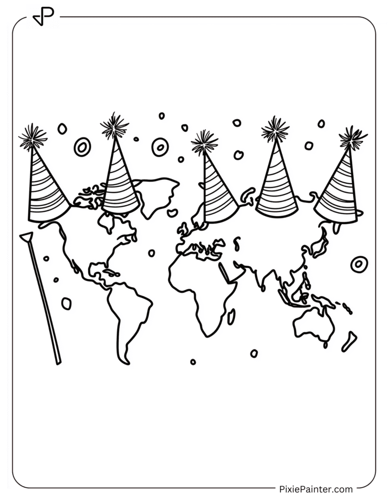 Happy New Year Coloring Page Where World Map With Hats And Streamers