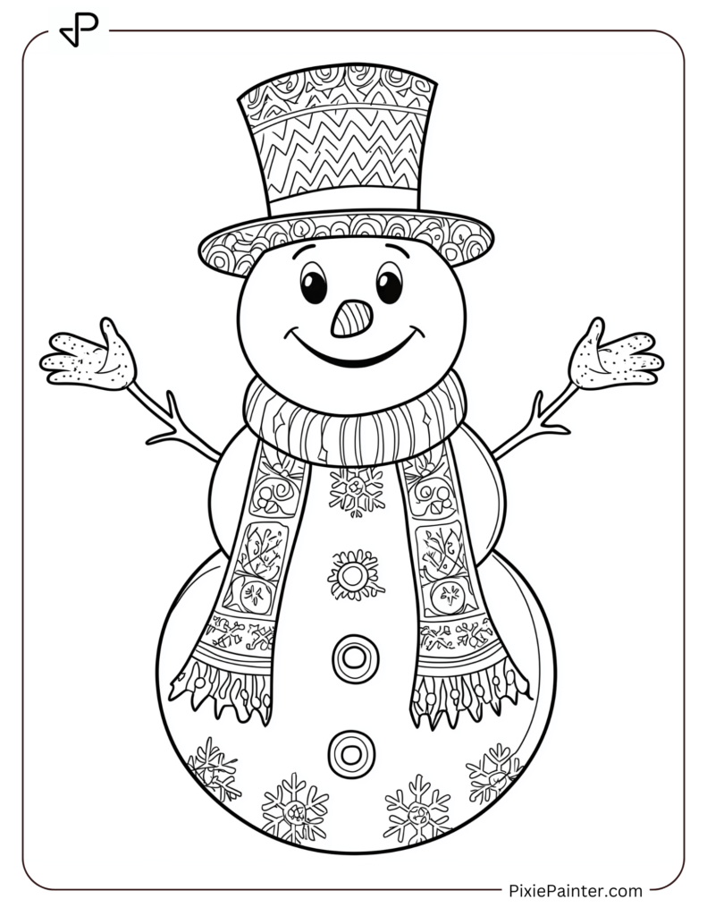 Christmas Coloring Page For Kids - A Jolly Snowman With Scarf And Hat