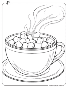 A cup of steaming hot chocolate with marshmallows