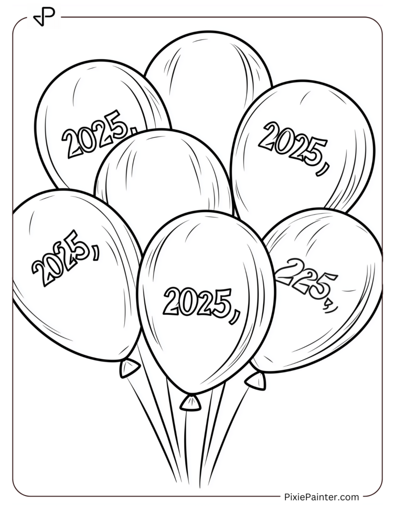 Coloring Page of Balloons Floating High, Each Showing a Digit of _2025