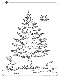 Small Christmas Tree Coloring Page | Bunny Hopping Near a Tiny Tree With Lights and a Star