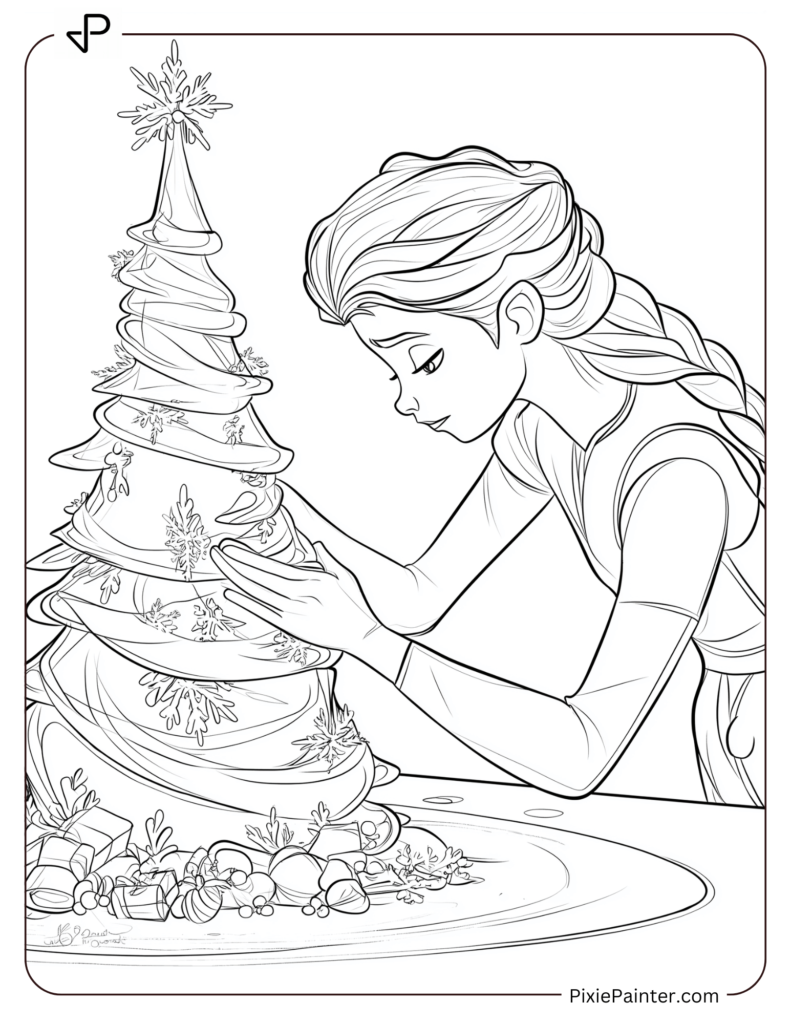 Disney Princess Elsa creating an ice sculpture of a Christmas tree