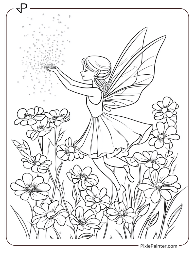 New Year Coloring Pages For Kids Where Fairy Sprinkling Glitter Over Flowers For The New Year.