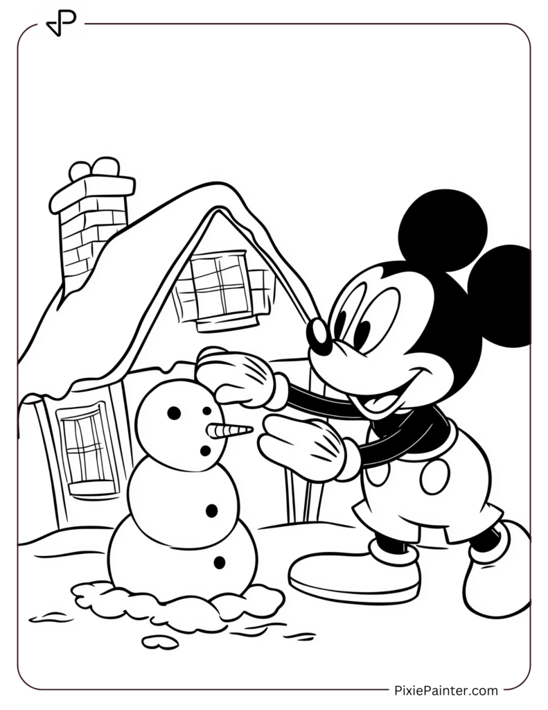 Mickey Mouse building a snowman outside his house