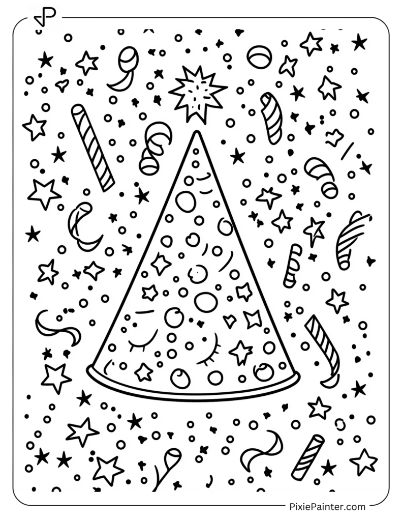 Happy New Year Coloring Page - Party Hat With Streamers And Stars