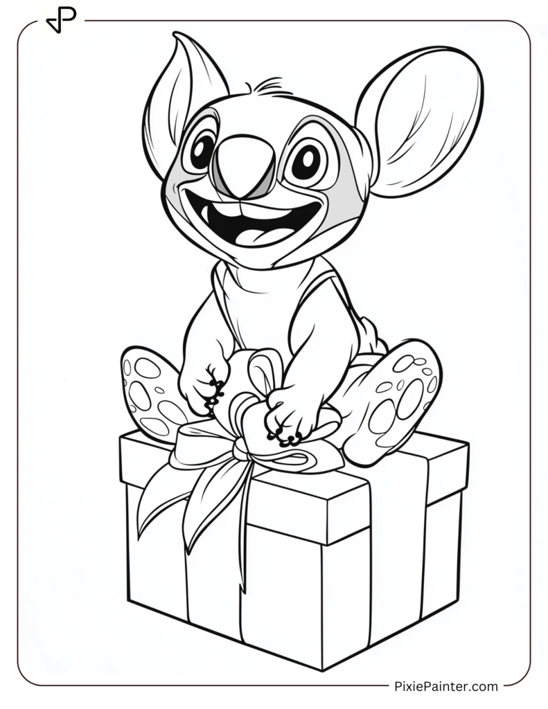 4. Stitch Sitting on Gift Box Coloring Pages