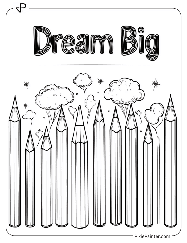 Happy New Year Coloring Page Where Cartoon Pencil With “Dream Big”