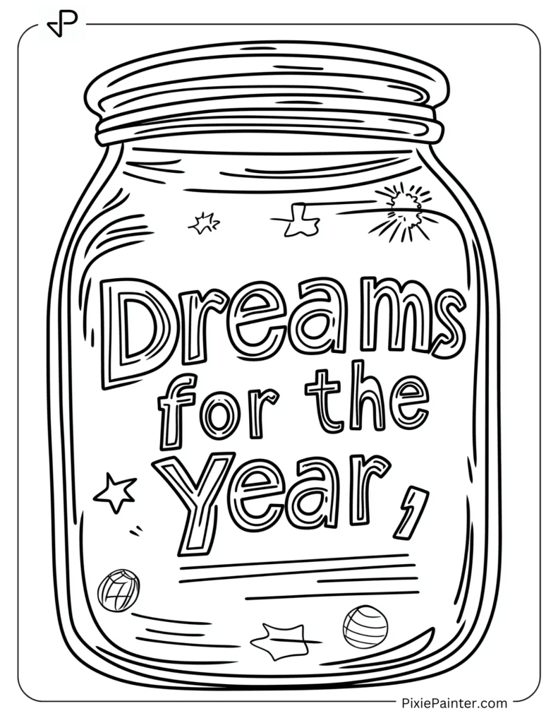 Happy New Year Coloring Page Where Cartoon Jar Labeled “Dreams For The Year”