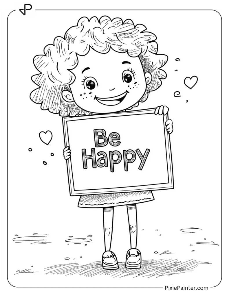 Happy New Year Coloring Page Where Child Holding “Be Happy” Poster