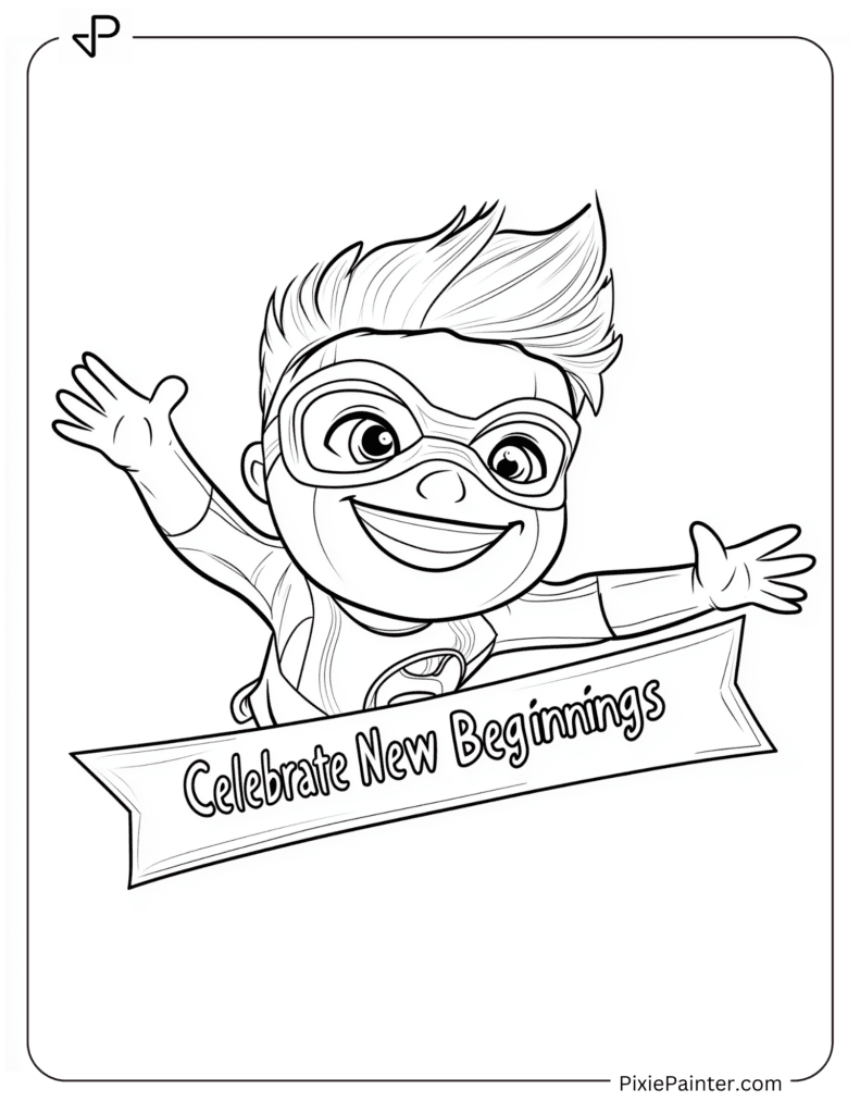 Happy New Year Coloring Page Where Superhero Flying With “Celebrate New Beginnings”