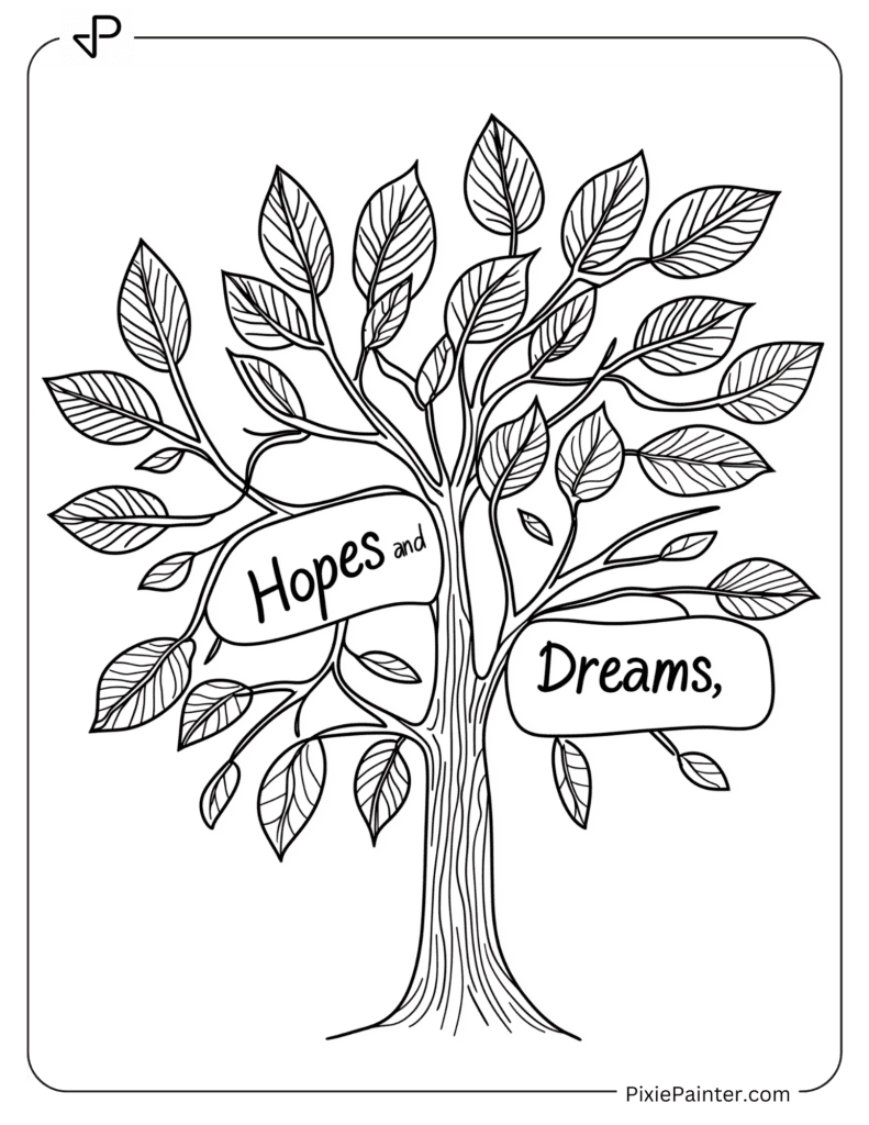 Happy New Year Coloring Page Where Tree With Leaves Of “Hopes And Dreams”